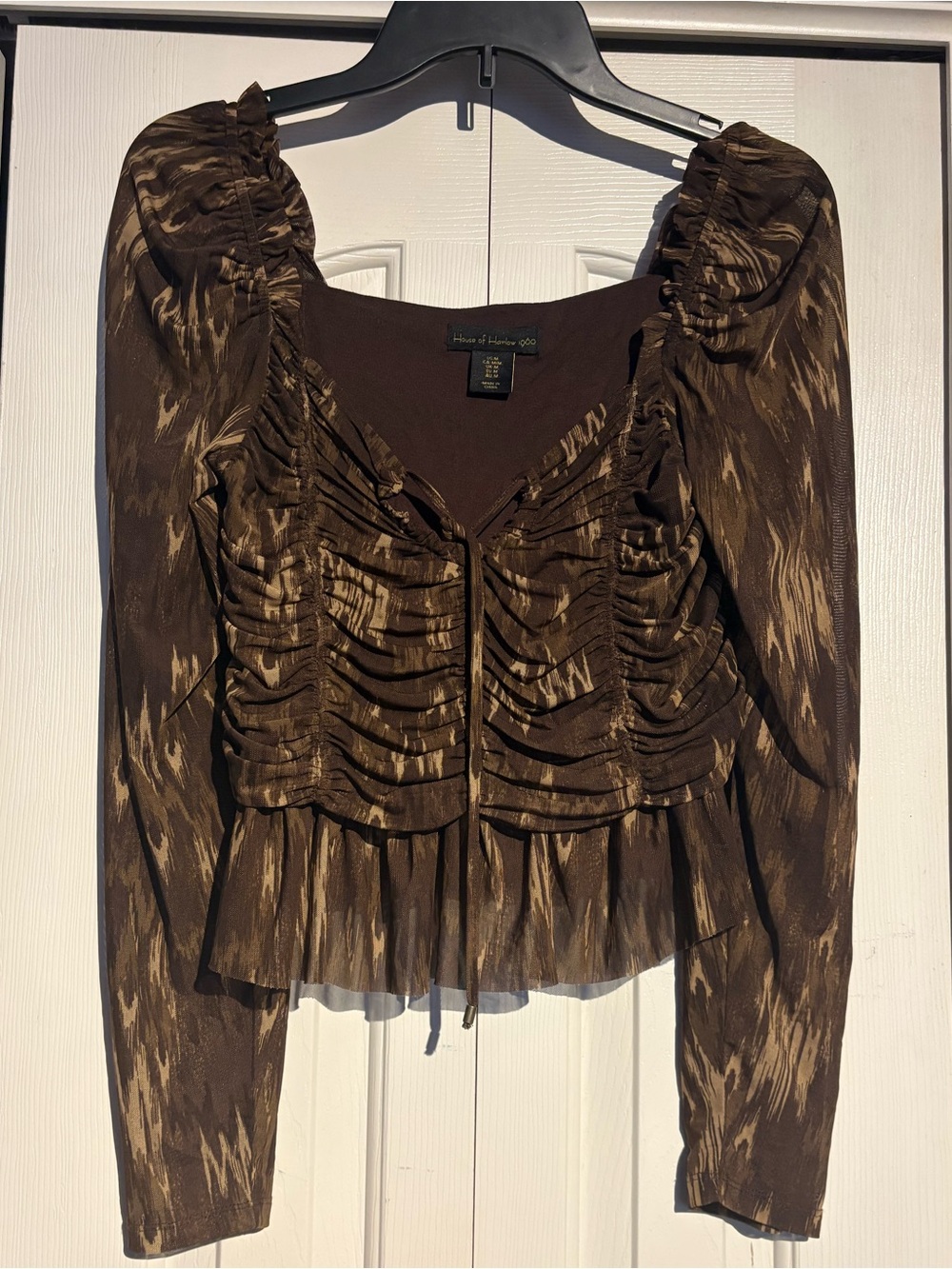 House of Harlow 1960 Brown Patterned Ruffle Tie-Front Crop Top